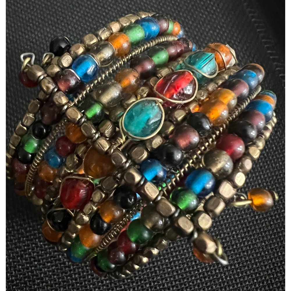 Multicolor Glass Seed Bead Multi Strand Memory Wire Wrap Bracelet 7-7.5 Eclectic